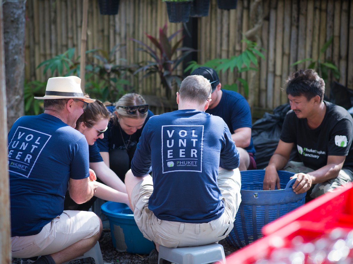 a group of people around each other