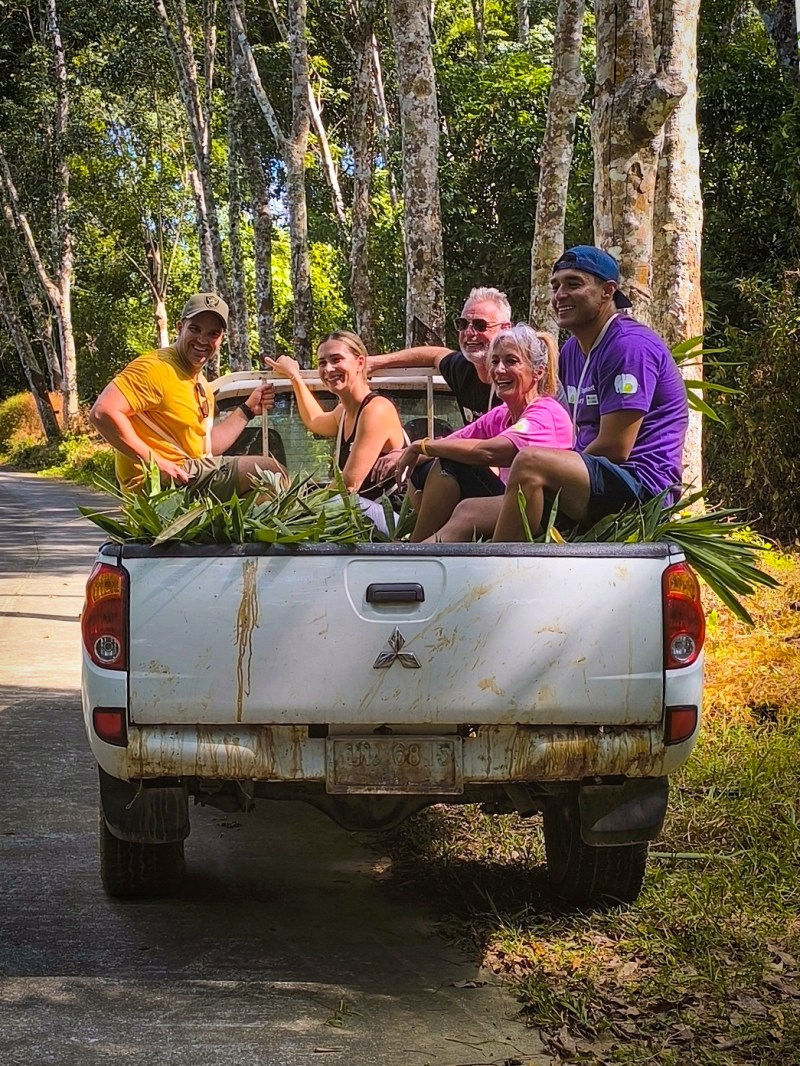 Five people sitting on the back of a pickup truck with greenery, driving on a forest road.