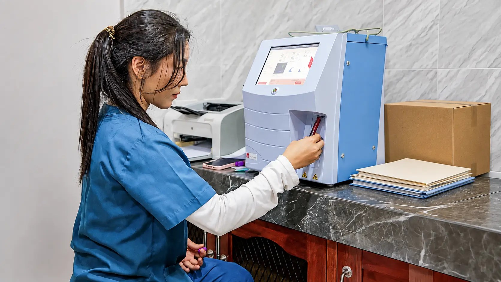 A veterinary team member operating the hospital blood analyzer