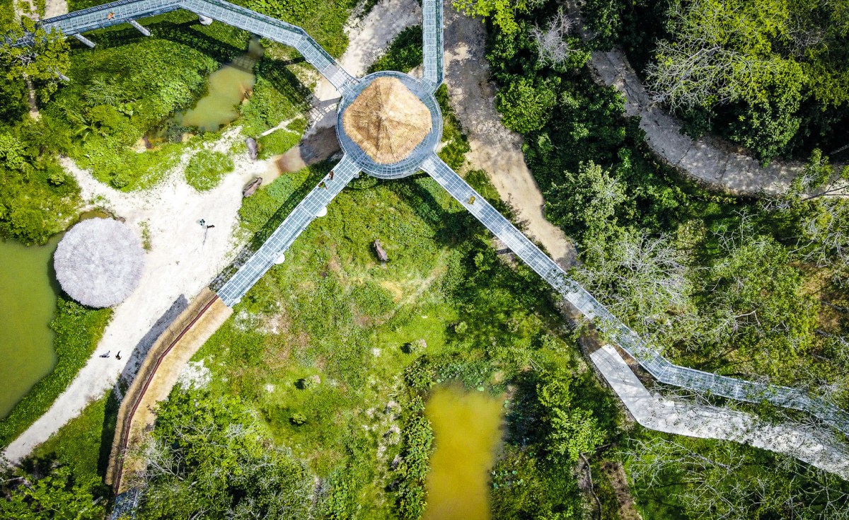Aerial view of connected walkways and gazebo in lush, green landscape.